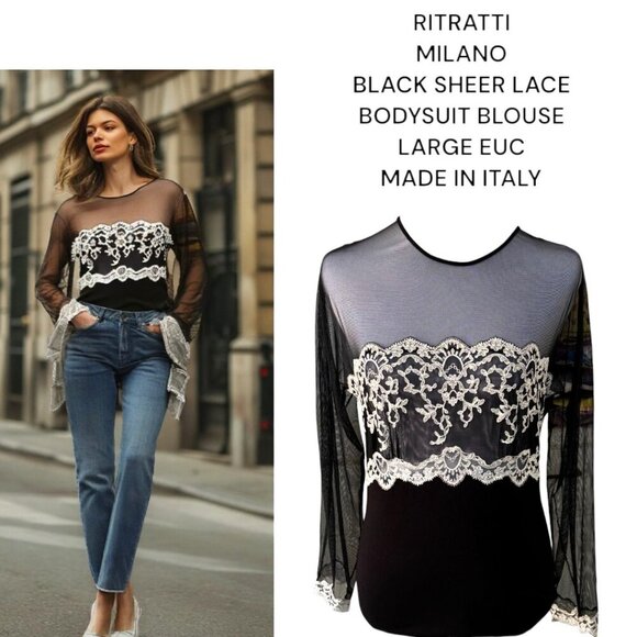 Ritratti milano Tops - Ritratti Milano Italian Black Sheer Lace Bodysuit Blouse EUC made in italy LARGE